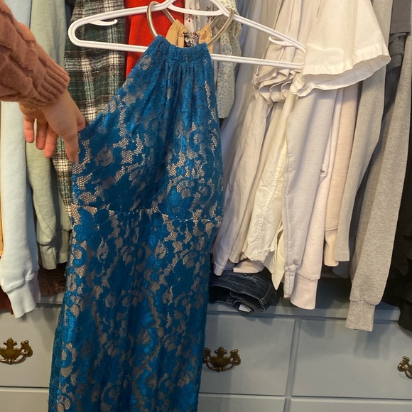 Blue dress, high collar, just above knee length - Picture 1 of 3